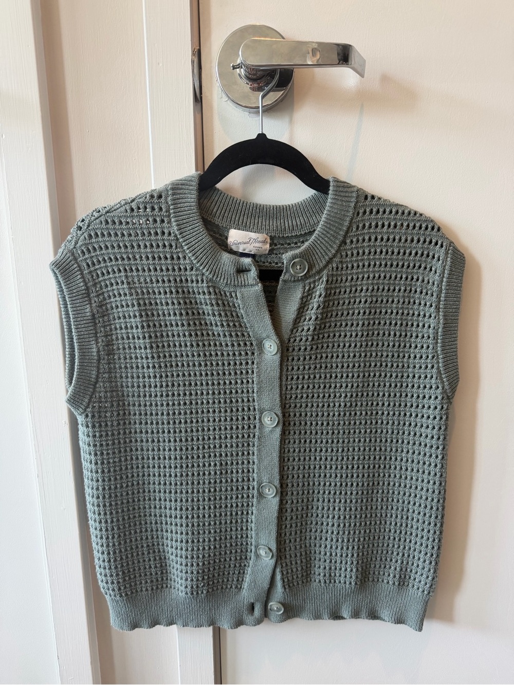 Universal Threads Sleeveless Knit Button Cardigan in Sage Green